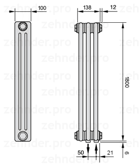Схема (чертеж) Радиатор Zehnder Charleston 3180/3 №5510 Technoline TL